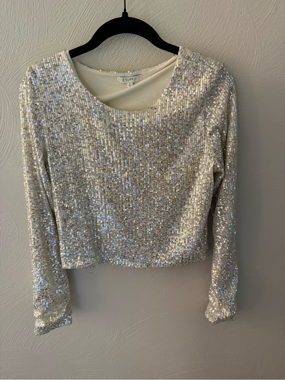 ZSupply Aurora Sequin Top Silver Sequin Long-Sleeve Crop Top - Picture 2 of 2